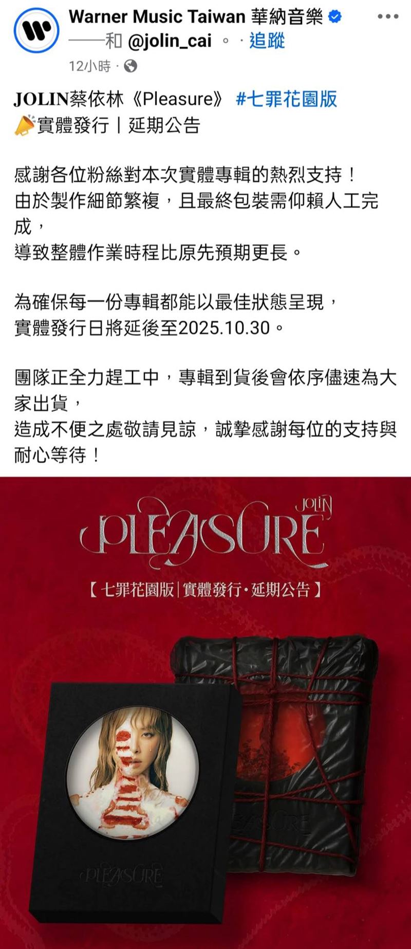 蔡依林實體專輯證實延期（圖／翻攝自臉書）