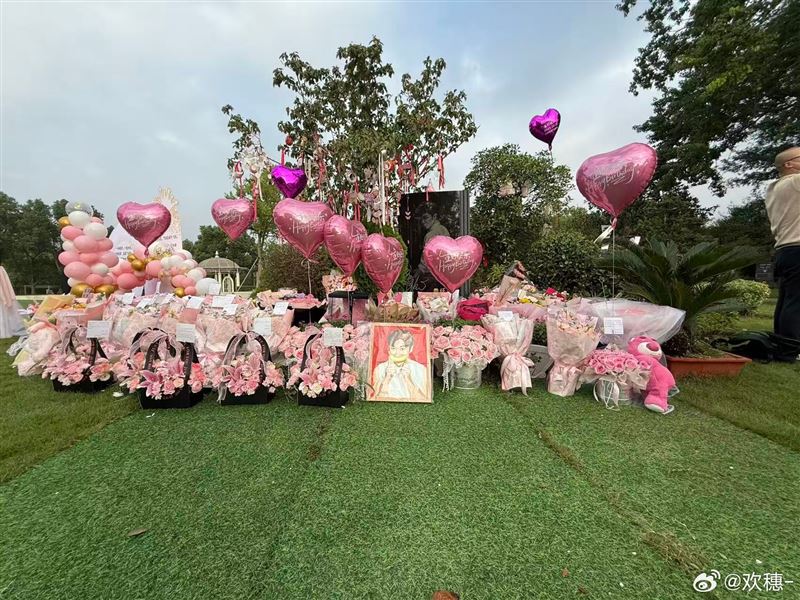粉丝在墓园前献花、在粉色天空下悼念